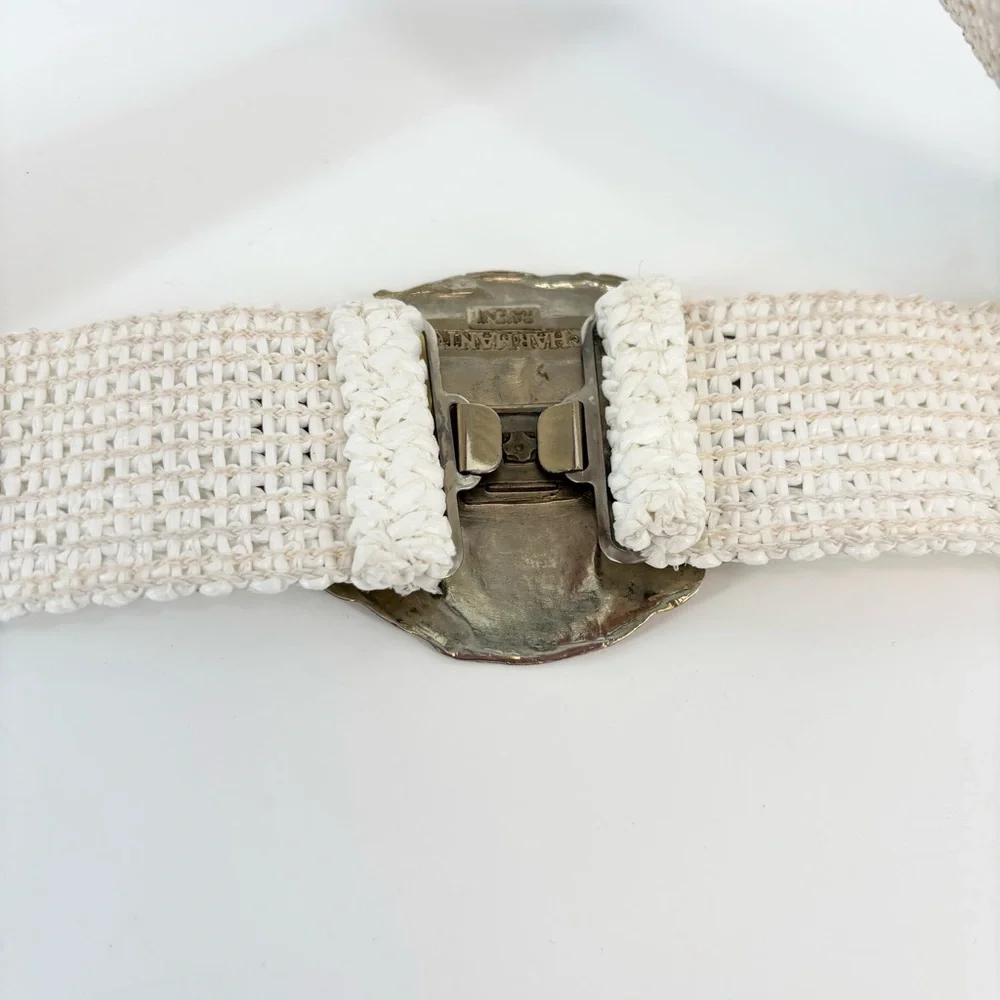 Vintage 80s Charmant Belt Oversized Buckle Woven‎ White Silver Pink Retro Large
